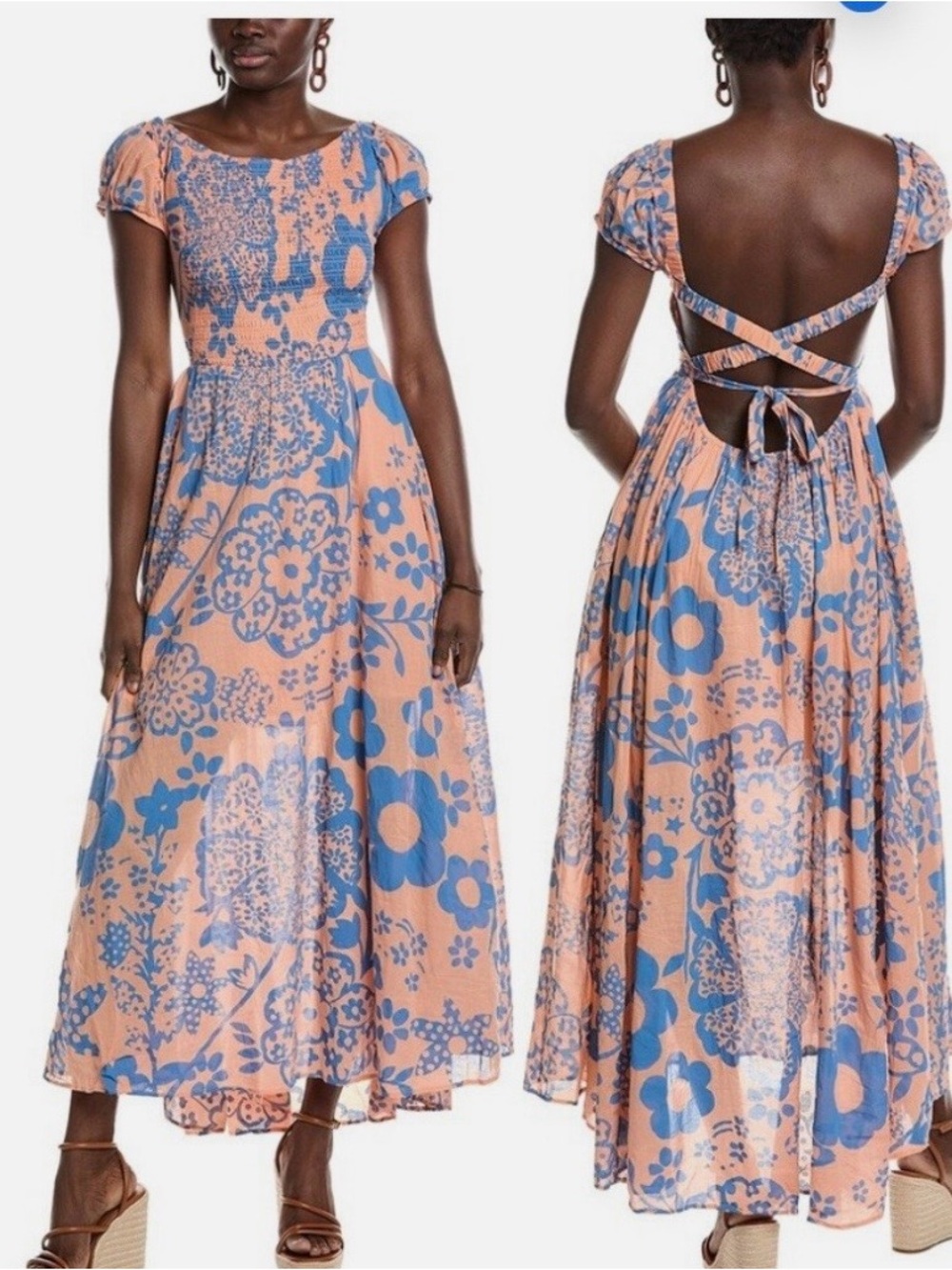 Free People Peach and Blue Floral Open-Back Maxi Dress